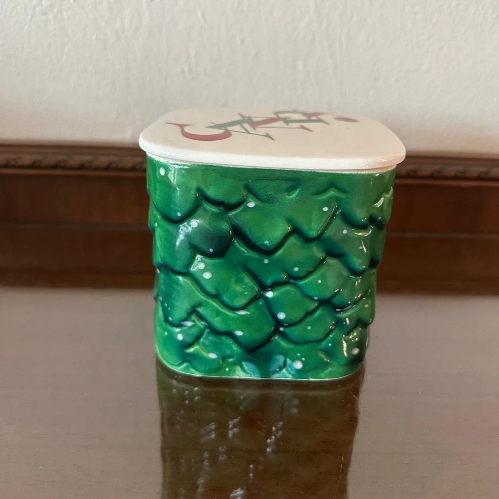 Vintage Holt Howard Christmas Candy Dish Evergreen Ceramic Jar Santa Pop Up